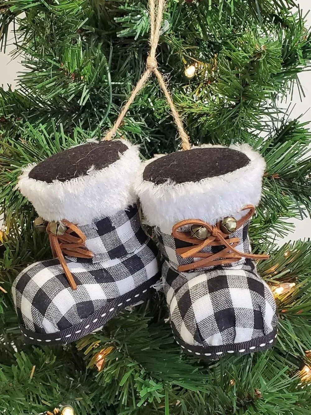 Christmas Holiday Santa Boots Ornament Buffalo Plaid Check Faux Fur Trim Bells